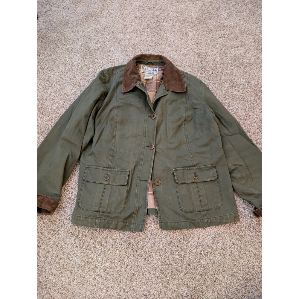 LL Bean Adirondack Barn Jacket Olive Green Plaid Flannel Lined Petite Large
